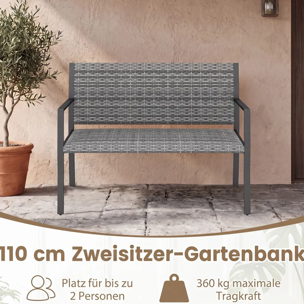 Gartenbank Rattan Outdoor Sitzbank mit Rückenlehne & Armlehnenfür 2 Personen Grau