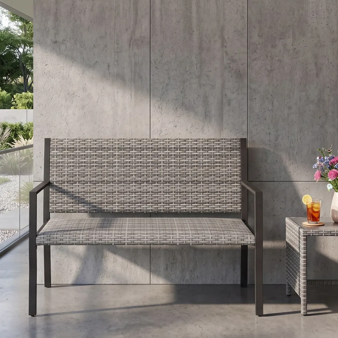 Gartenbank Rattan Outdoor Sitzbank mit Rückenlehne & Armlehnenfür 2 Personen Grau