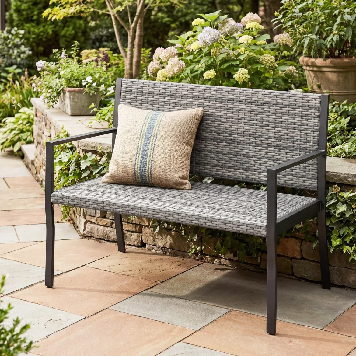 Gartenbank Rattan Outdoor Sitzbank mit Rückenlehne & Armlehnenfür 2 Personen Grau