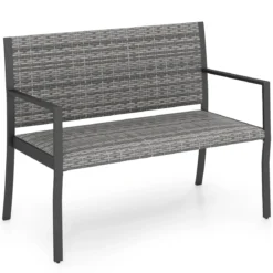 Gartenbank Rattan Outdoor Sitzbank mit Rückenlehne & Armlehnenfür 2 Personen Grau