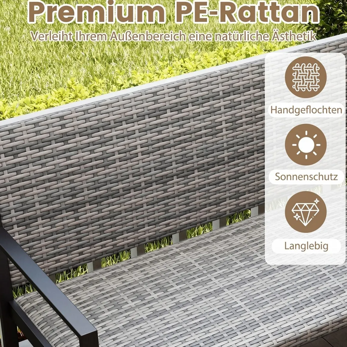 Gartenbank Rattan Outdoor Sitzbank mit Rückenlehne & Armlehnenfür 2 Personen Grau