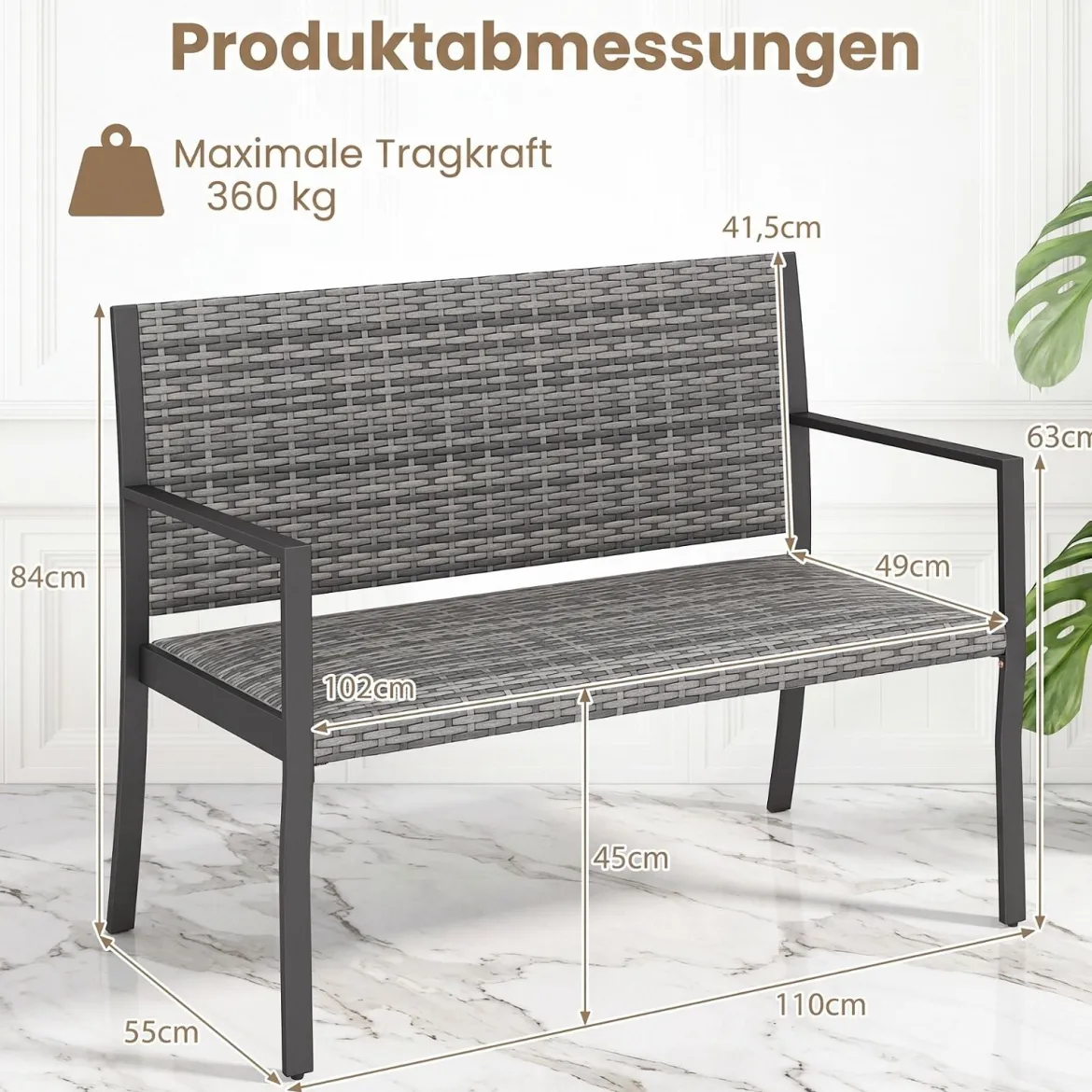 Gartenbank Rattan Outdoor Sitzbank mit Rückenlehne & Armlehnenfür 2 Personen Grau