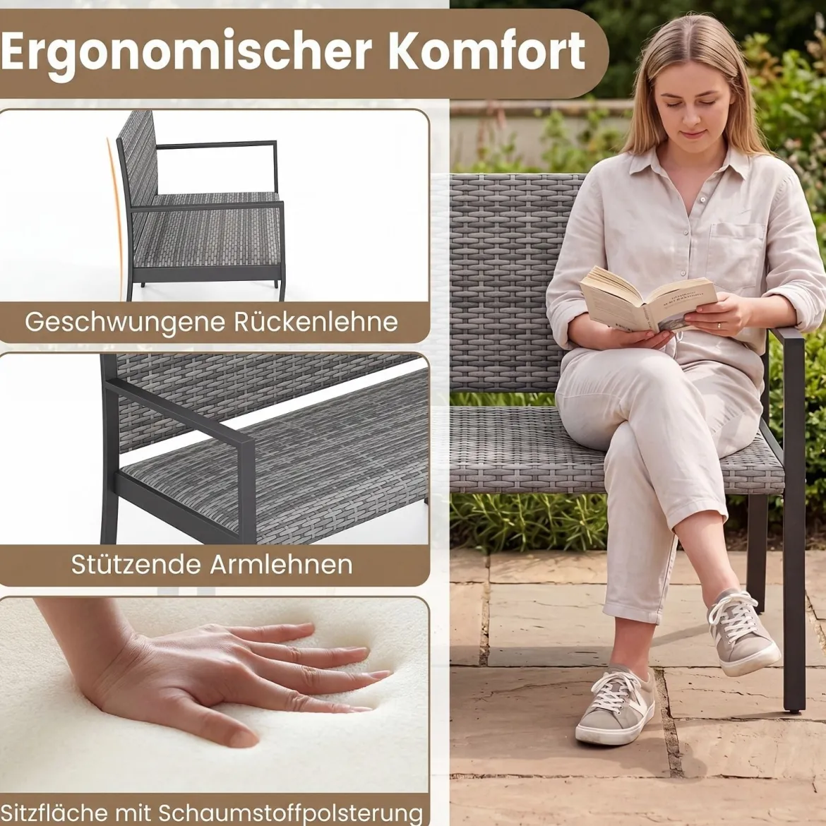 Gartenbank Rattan Outdoor Sitzbank mit Rückenlehne & Armlehnenfür 2 Personen Grau