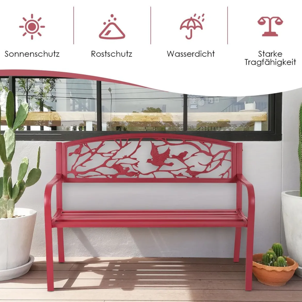 Gartenbank 3-Sitzer Parkbank Eisenbank mit Rückenlehnen Rot 127 x 60 x 88 cm