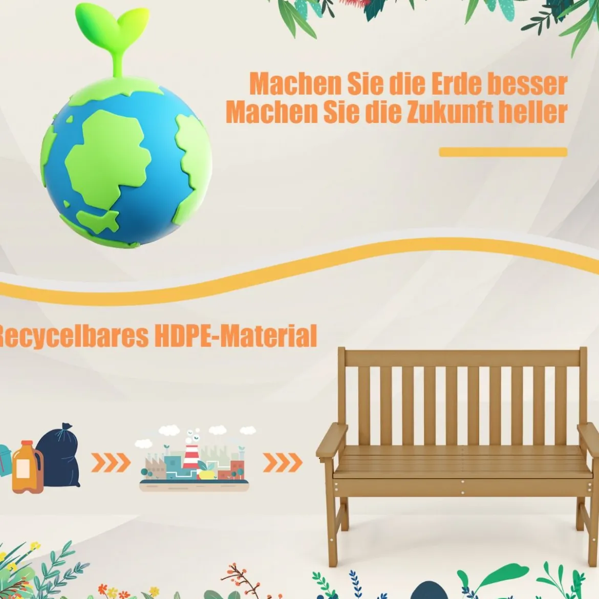 Gartenbank wetterfest Allwetter-Sitzbank aus HDPE Parkbank für 2-3 Sitzer Braun/Schwarz/Grau/Weiß