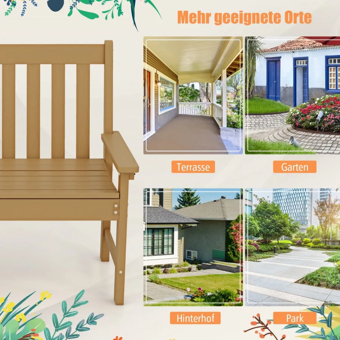 Gartenbank wetterfest Allwetter-Sitzbank aus HDPE Parkbank für 2-3 Sitzer Braun/Schwarz/Grau/Weiß
