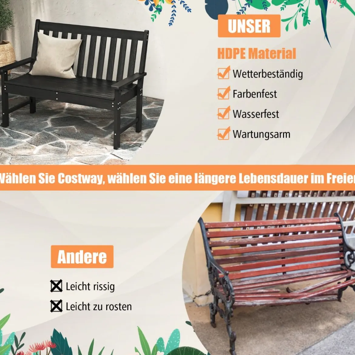 Gartenbank wetterfest Allwetter-Sitzbank aus HDPE Parkbank für 2-3 Sitzer Braun/Schwarz/Grau/Weiß