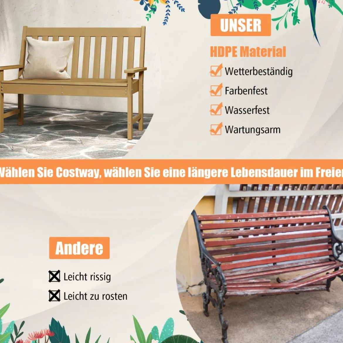 Gartenbank wetterfest Allwetter-Sitzbank aus HDPE Parkbank für 2-3 Sitzer Braun/Schwarz/Grau/Weiß