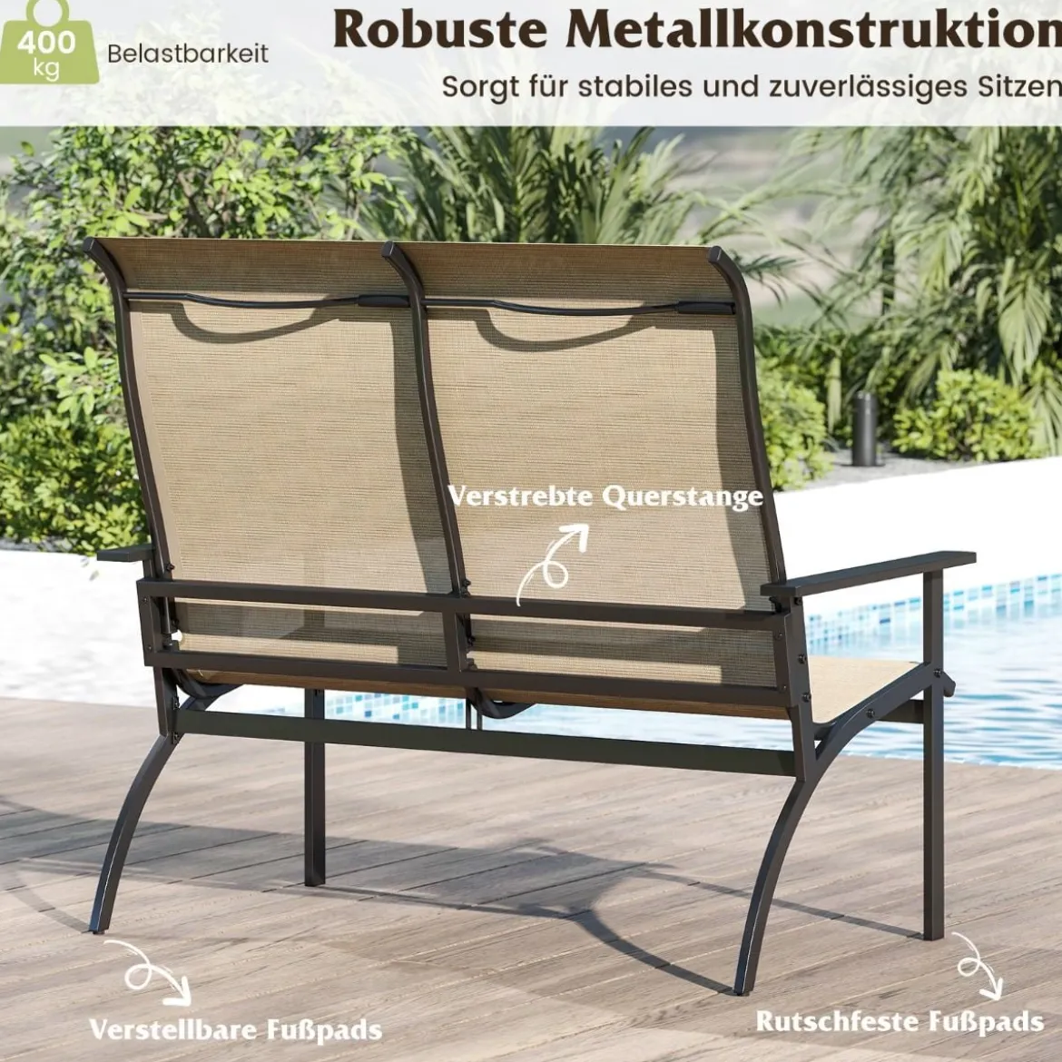 Gartenbank wetterfeste Balkontank mit hoher Rückenlehne & Armlehnen 2-Sitzer Sitzbank bis 400 kg belastbar 120 x 81 x 106 cm