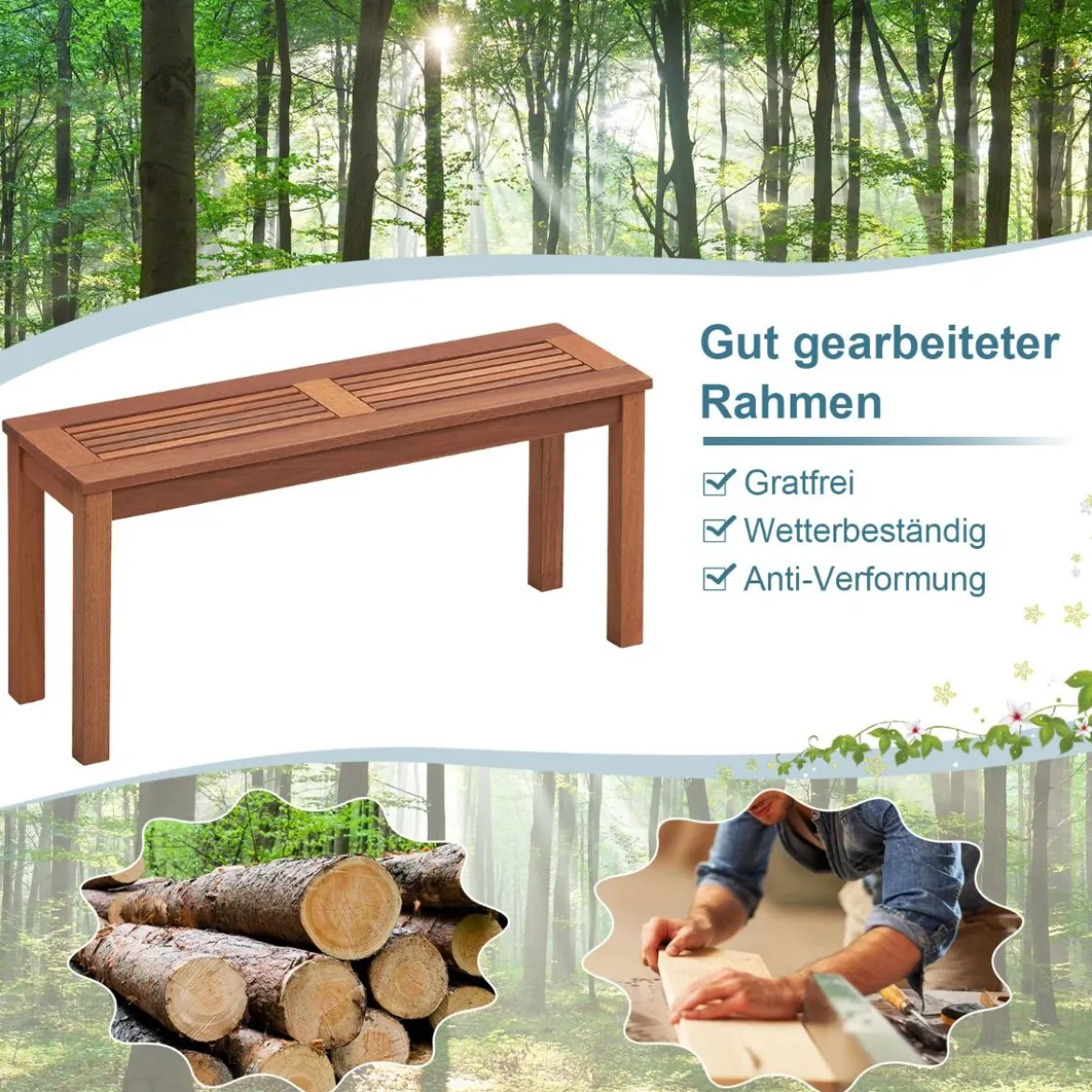 Gartenbank wetterfest 2-Sitzer Sitzbank ohne Rückenlehne Holzbank bis 150 kg 100 x 30,5 x 47 cm