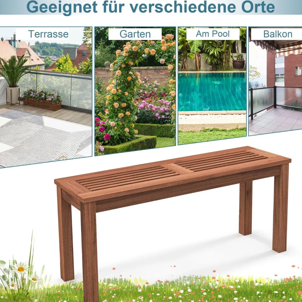 Gartenbank wetterfest 2-Sitzer Sitzbank ohne Rückenlehne Holzbank bis 150 kg 100 x 30,5 x 47 cm