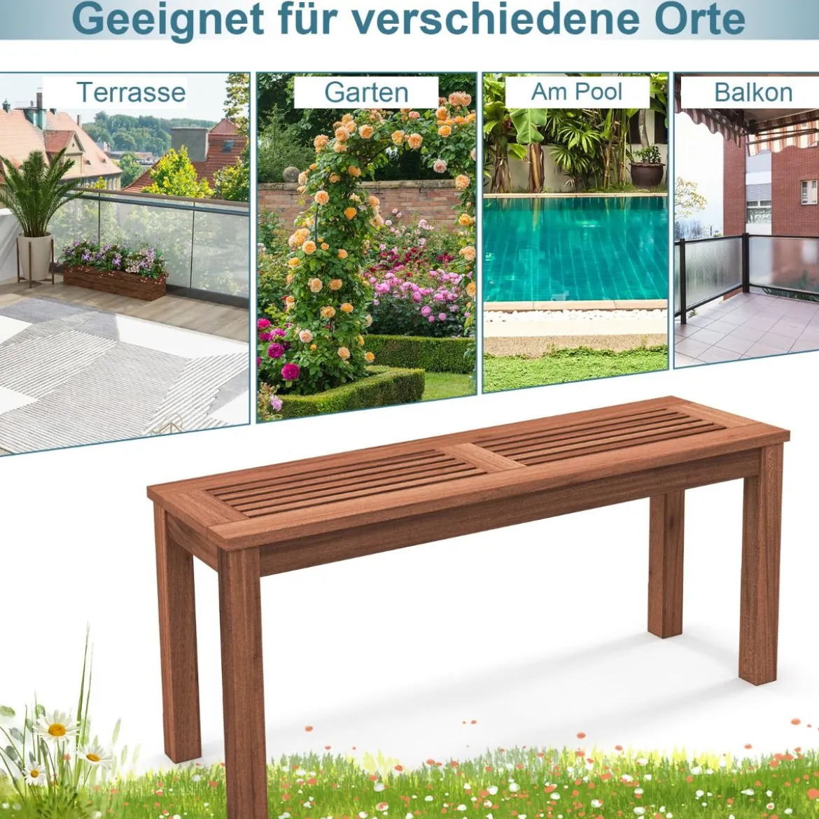 Gartenbank wetterfest 2-Sitzer Sitzbank ohne Rückenlehne Holzbank bis 150 kg 100 x 30,5 x 47 cm