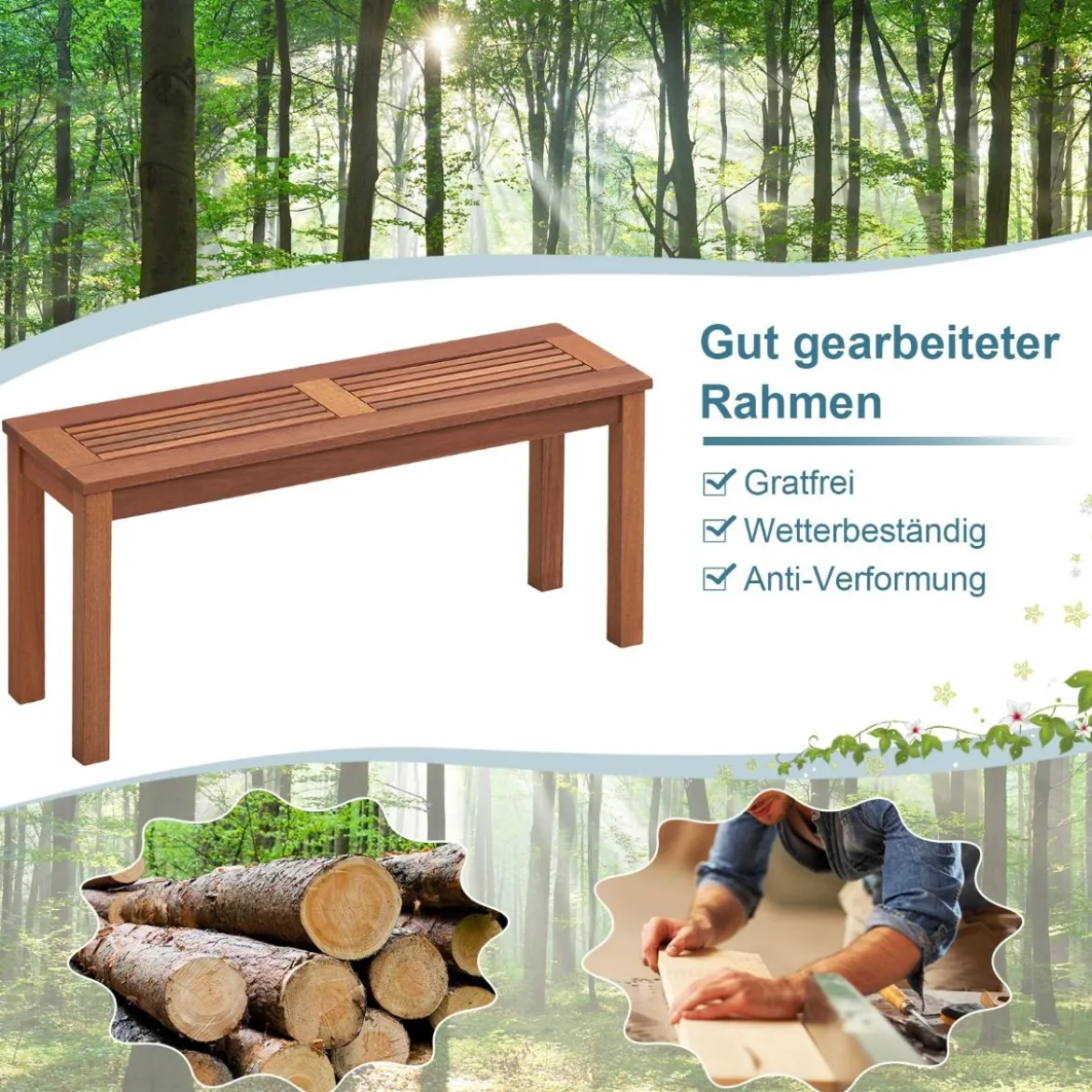 Gartenbank wetterfest 2-Sitzer Sitzbank ohne Rückenlehne Holzbank bis 150 kg 100 x 30,5 x 47 cm
