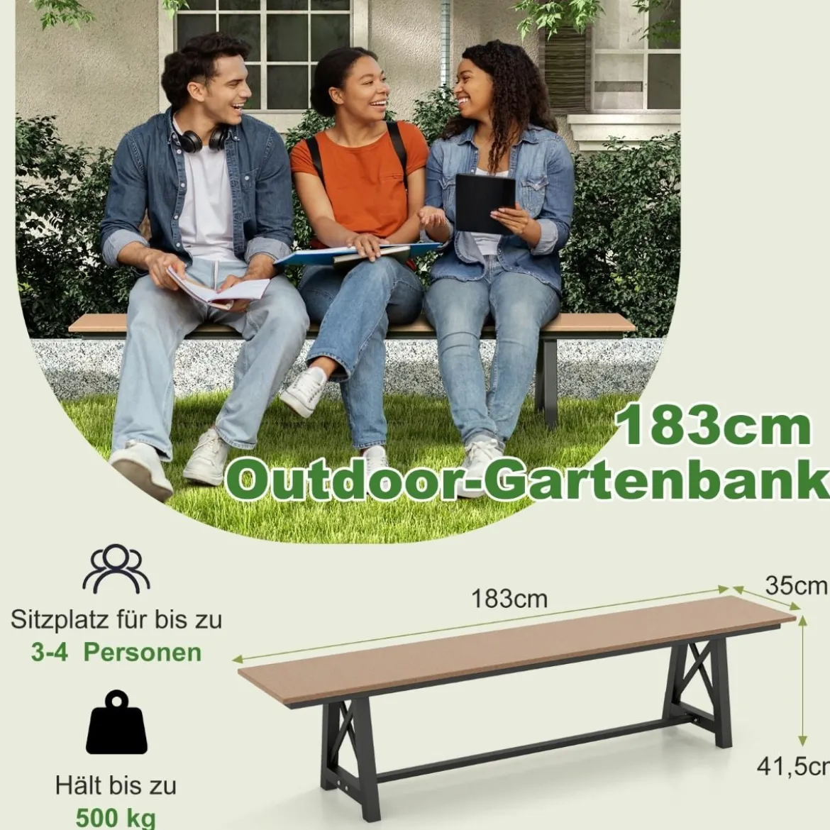 Gartenbank wetterfest 3-Sitzer Sitzbank bis 500 kg belastbar 183 x 35 x 41,5 cm Braun