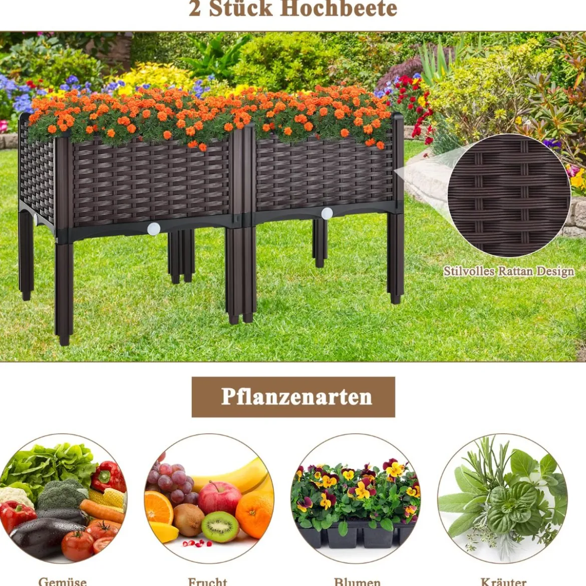 Gartenbeet Erhöhter Pflanzkasten mit 8 Beinen 40,5 x 40,5 x 45 cm Braun