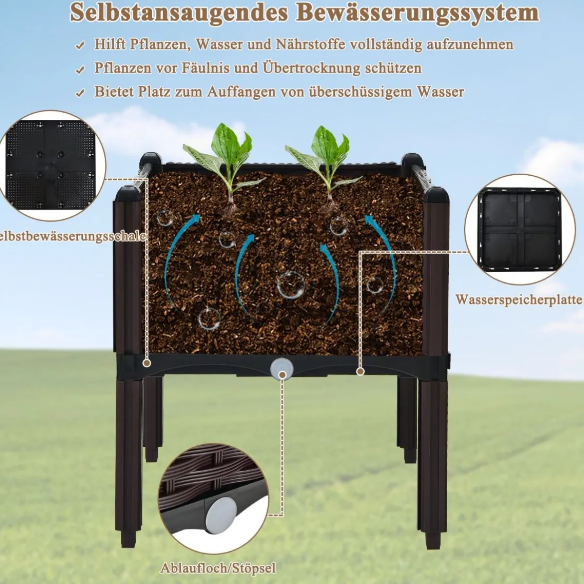 Gartenbeet Erhöhter Pflanzkasten mit 8 Beinen 40,5 x 40,5 x 45 cm Braun