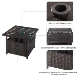 Garten Beistelltisch Rattan Gartentisch mit Schirmloch 55,5 x 55,5 x 46 cm Dunkelbraun