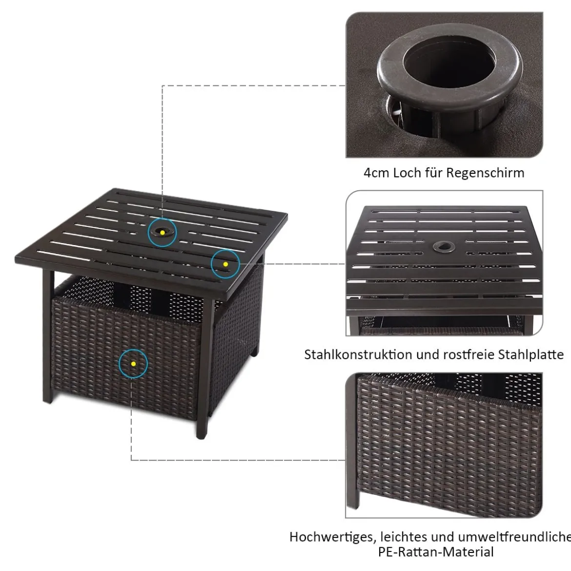 Garten Beistelltisch Rattan Gartentisch mit Schirmloch 55,5 x 55,5 x 46 cm Dunkelbraun