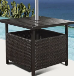 Garten Beistelltisch Rattan Gartentisch mit Schirmloch 55,5 x 55,5 x 46 cm Dunkelbraun
