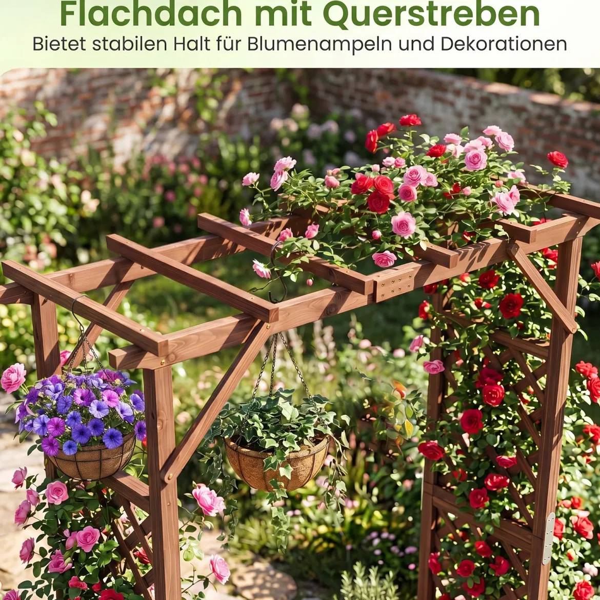 Gartenbogen aus Holz mit 2 Pflanzkästen Rosenbogen mit Rankgitter 208 x 55 x 220 cm