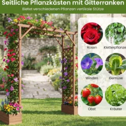 Gartenbogen aus Holz mit 2 Pflanzkästen Rosenbogen mit Rankgitter 208 x 55 x 220 cm
