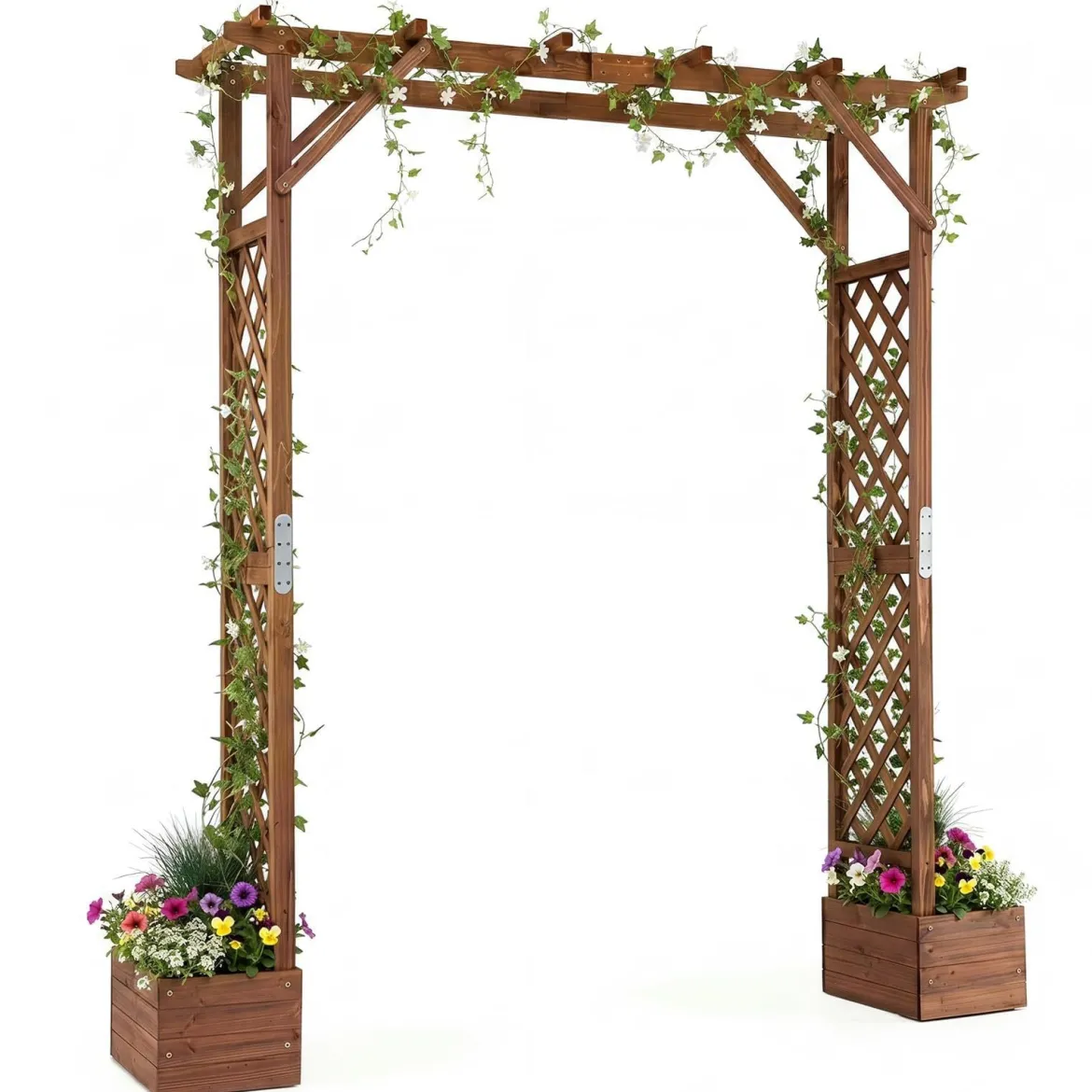 Gartenbogen aus Holz mit 2 Pflanzkästen Rosenbogen mit Rankgitter 208 x 55 x 220 cm