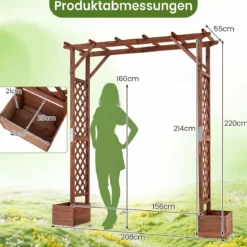 Gartenbogen aus Holz mit 2 Pflanzkästen Rosenbogen mit Rankgitter 208 x 55 x 220 cm