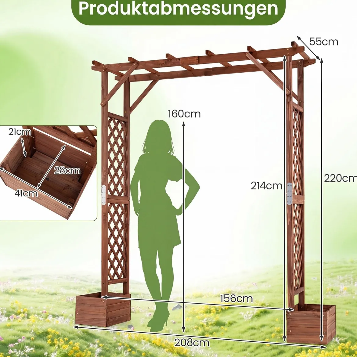 Gartenbogen aus Holz mit 2 Pflanzkästen Rosenbogen mit Rankgitter 208 x 55 x 220 cm