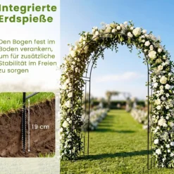 Gartenbogen Metall Rosenbogen mit 4 Erdspieß Rosengitter für Kletterpflanzen & Rosen 144 x 51 x 222 cm Schwarz