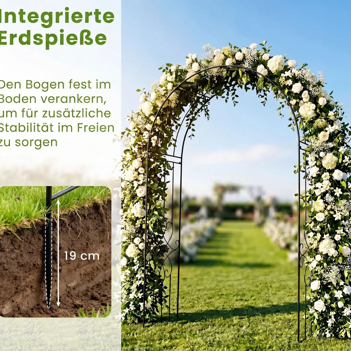Gartenbogen Metall Rosenbogen mit 4 Erdspieß Rosengitter für Kletterpflanzen & Rosen 144 x 51 x 222 cm Schwarz