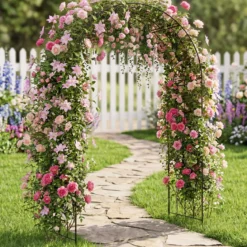 Gartenbogen Metall Rosenbogen mit 4 Erdspieß Rosengitter für Kletterpflanzen & Rosen 144 x 51 x 222 cm Schwarz