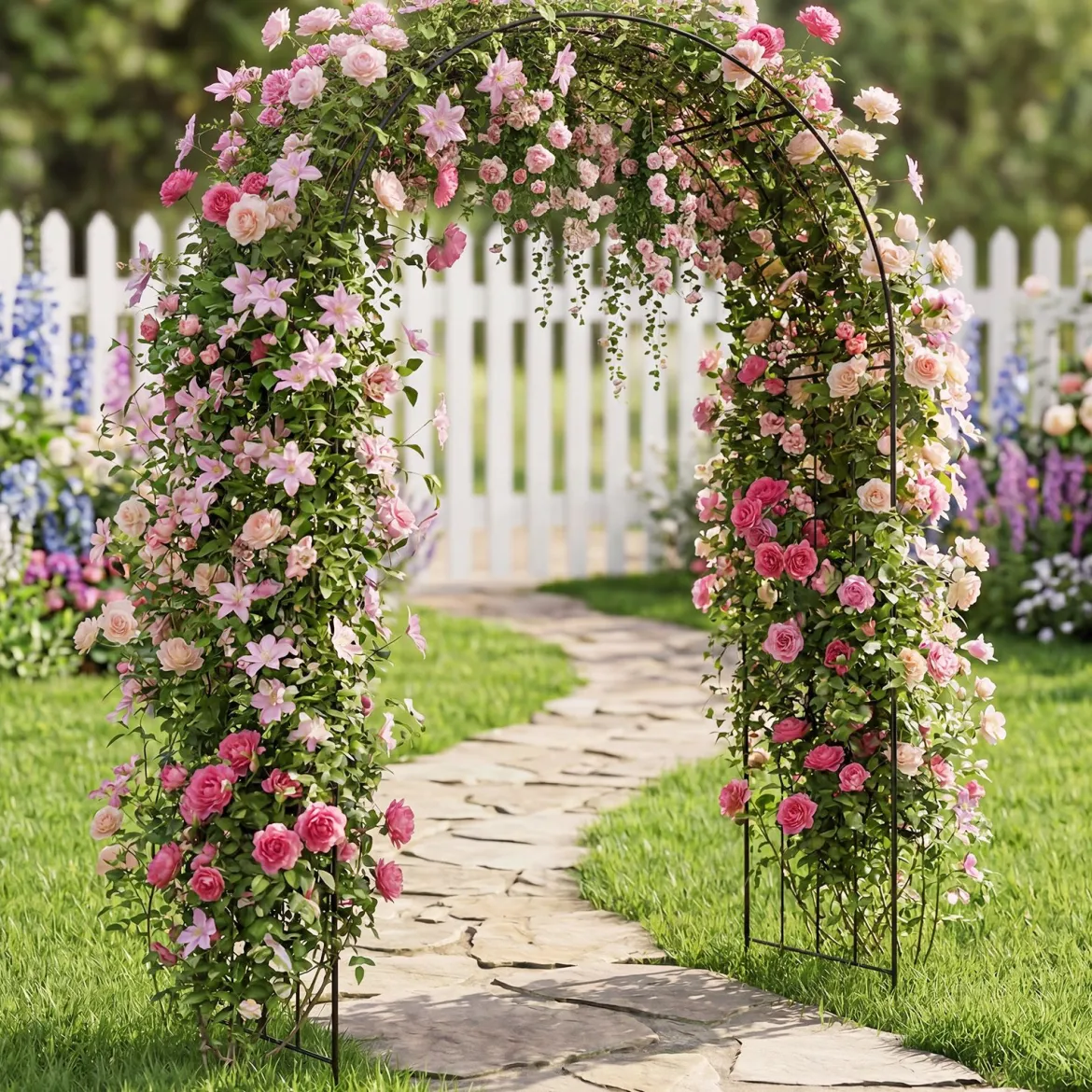 Gartenbogen Metall Rosenbogen mit 4 Erdspieß Rosengitter für Kletterpflanzen & Rosen 144 x 51 x 222 cm Schwarz