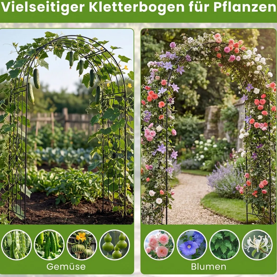Gartenbogen Metall Rosenbogen mit 4 Erdspieß Rosengitter für Kletterpflanzen & Rosen 144 x 51 x 222 cm Schwarz