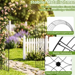 Gartenbogen Metall Rosenbogen mit 4 Erdspieß Rosengitter für Kletterpflanzen & Rosen 144 x 51 x 222 cm Schwarz
