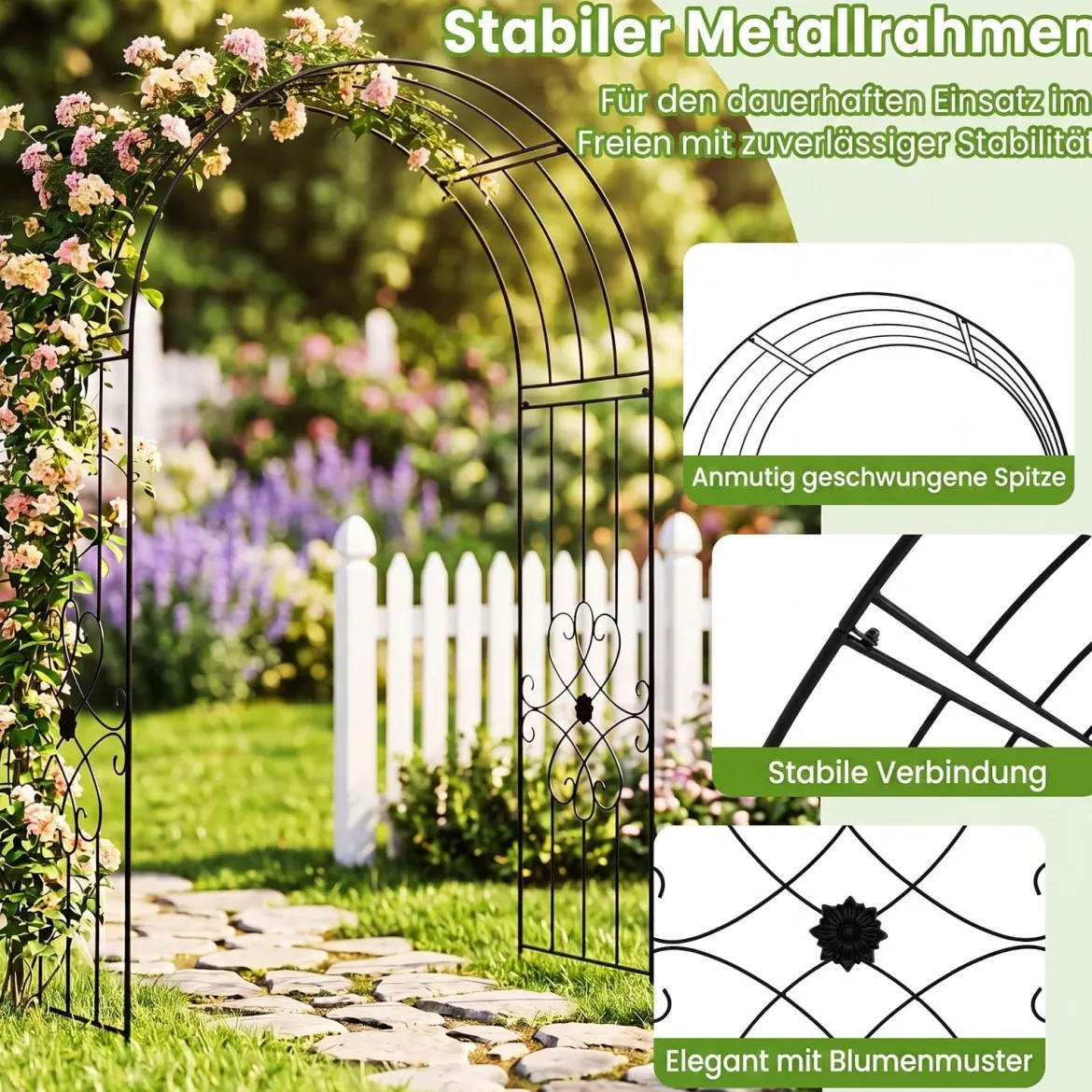 Gartenbogen Metall Rosenbogen mit 4 Erdspieß Rosengitter für Kletterpflanzen & Rosen 144 x 51 x 222 cm Schwarz