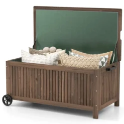 Gartenbox Holz 213 L Aufbewahrungsbox mit Rädern Kissenbox mit wasserdichter PE-Auskleidung 114 x 58,5 x 51 cm Braun