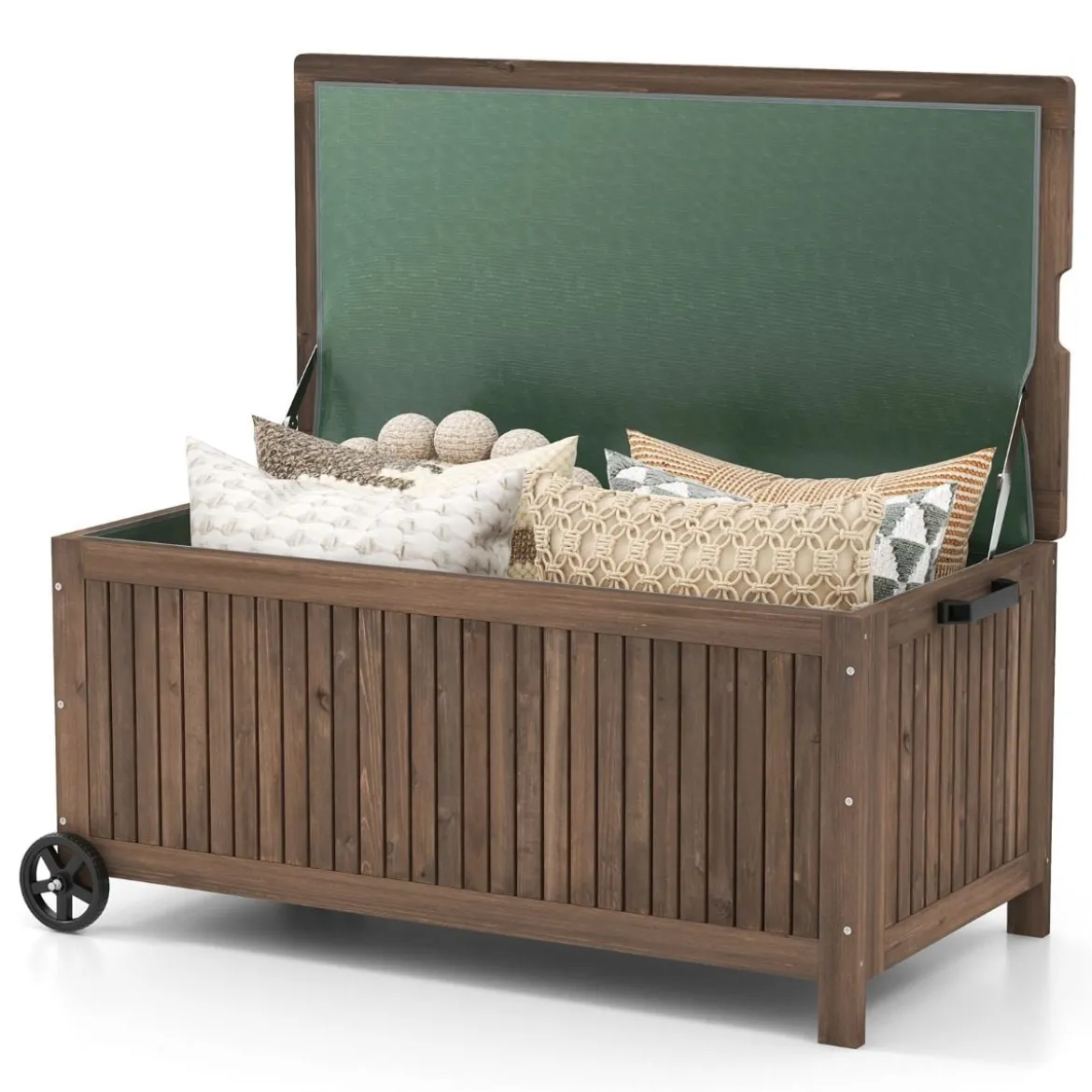 Gartenbox Holz 213 L Aufbewahrungsbox mit Rädern Kissenbox mit wasserdichter PE-Auskleidung 114 x 58,5 x 51 cm Braun
