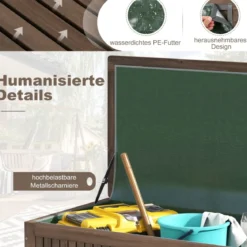 Gartenbox Holz 213 L Aufbewahrungsbox mit Rädern Kissenbox mit wasserdichter PE-Auskleidung 114 x 58,5 x 51 cm Braun