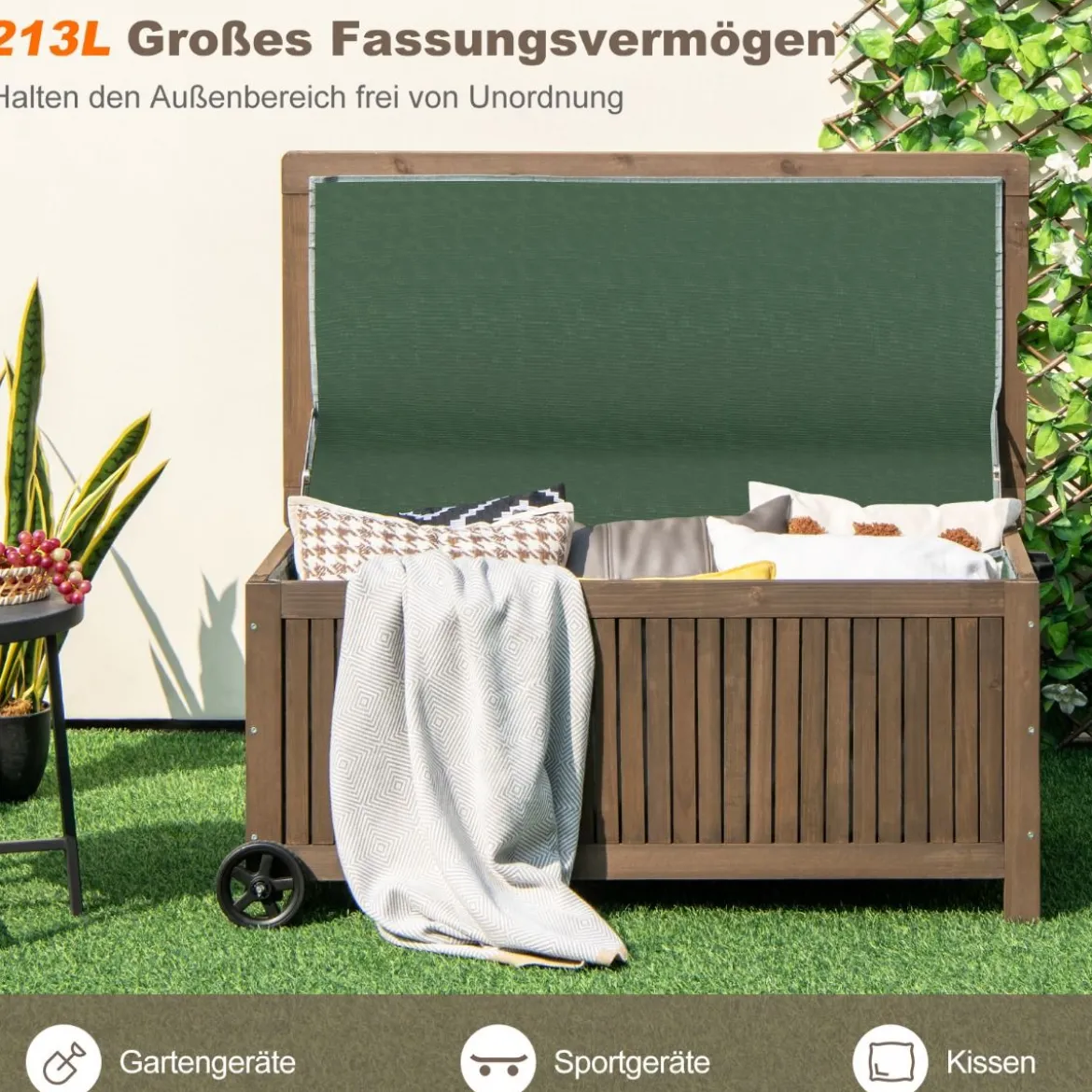 Gartenbox Holz 213 L Aufbewahrungsbox mit Rädern Kissenbox mit wasserdichter PE-Auskleidung 114 x 58,5 x 51 cm Braun