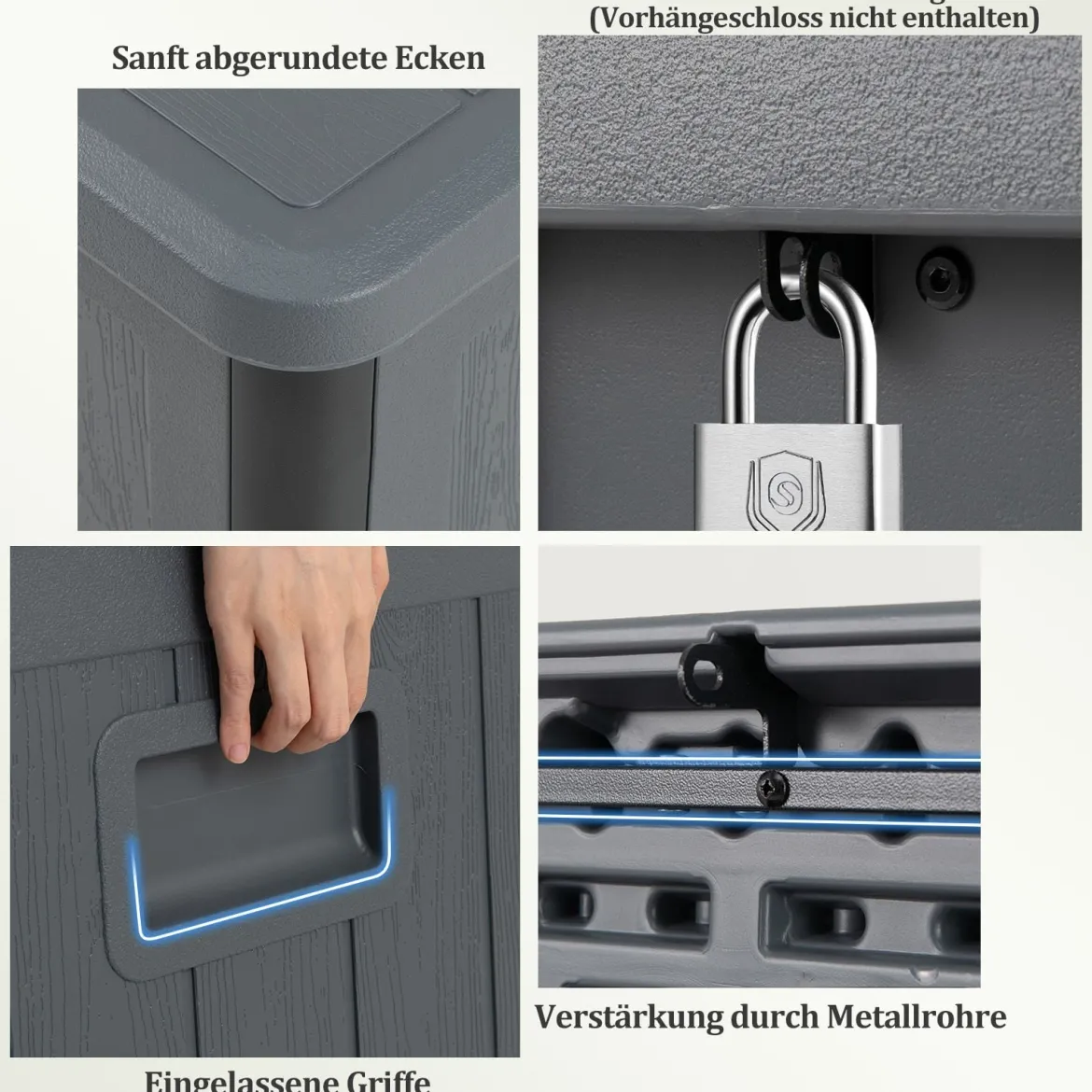 Gartenbox 378 L Auflagenbox Wasserdicht für Garten mit Abschließbarem Deckel Aufbewahrungsbox für Kissen Grau