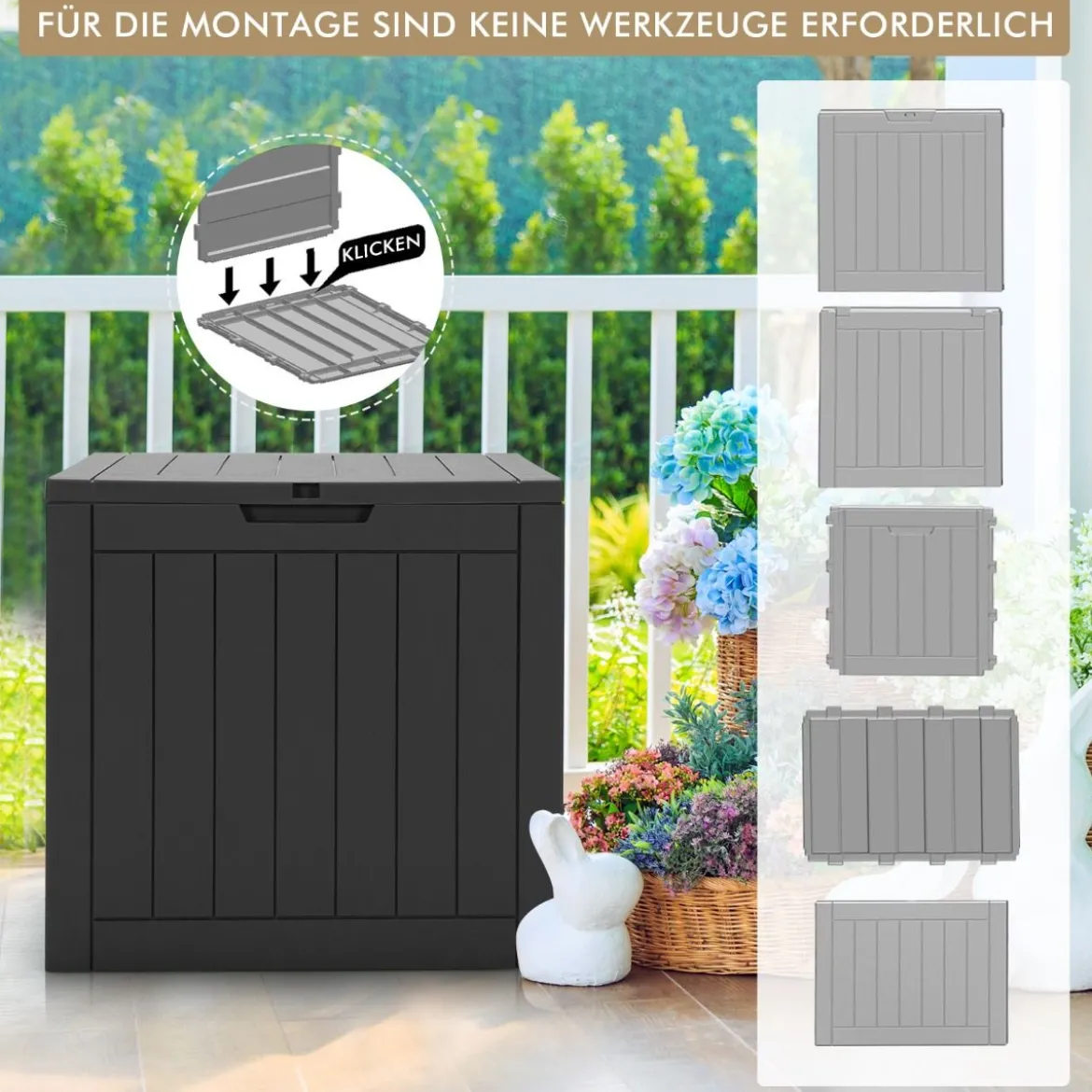 Gartenbox mit 114 L Kapazität abschließbarem Deckel & integrierten Griffen Schwarz