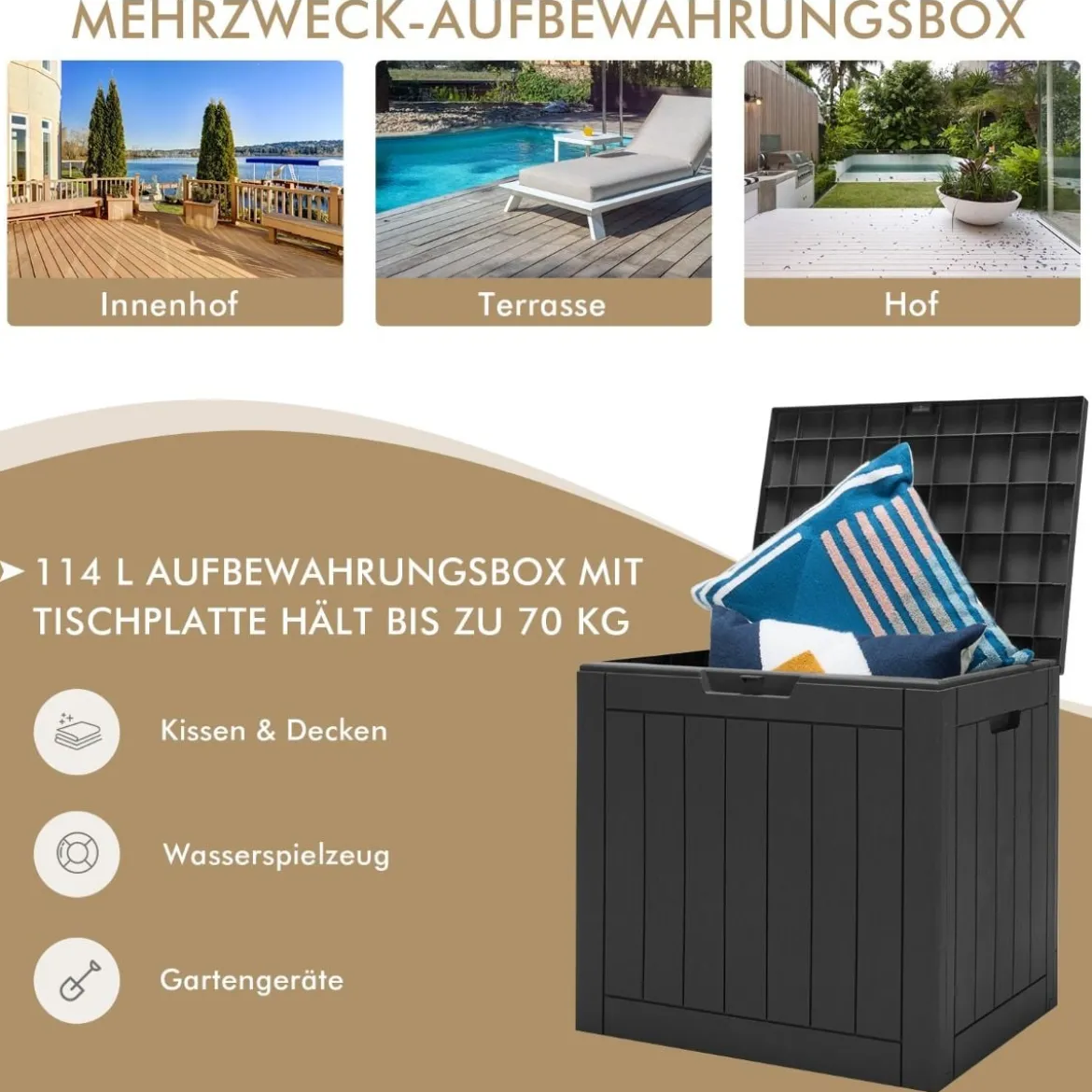 Gartenbox mit 114 L Kapazität abschließbarem Deckel & integrierten Griffen Schwarz