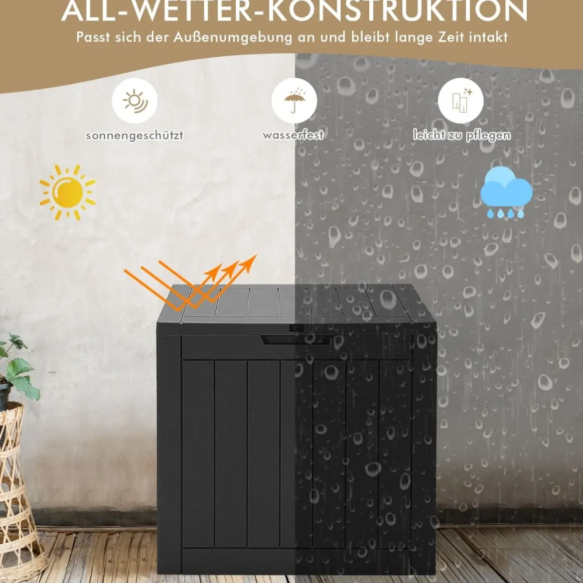 Gartenbox mit 114 L Kapazität abschließbarem Deckel & integrierten Griffen Schwarz