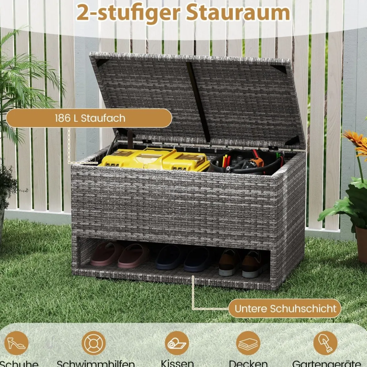 Gartenbox mit Schuhregal Polyrattan Auflagenbox Wetterfest mit Schutzliner & Deckel 186L 95 x 60 x 58 cm Grau