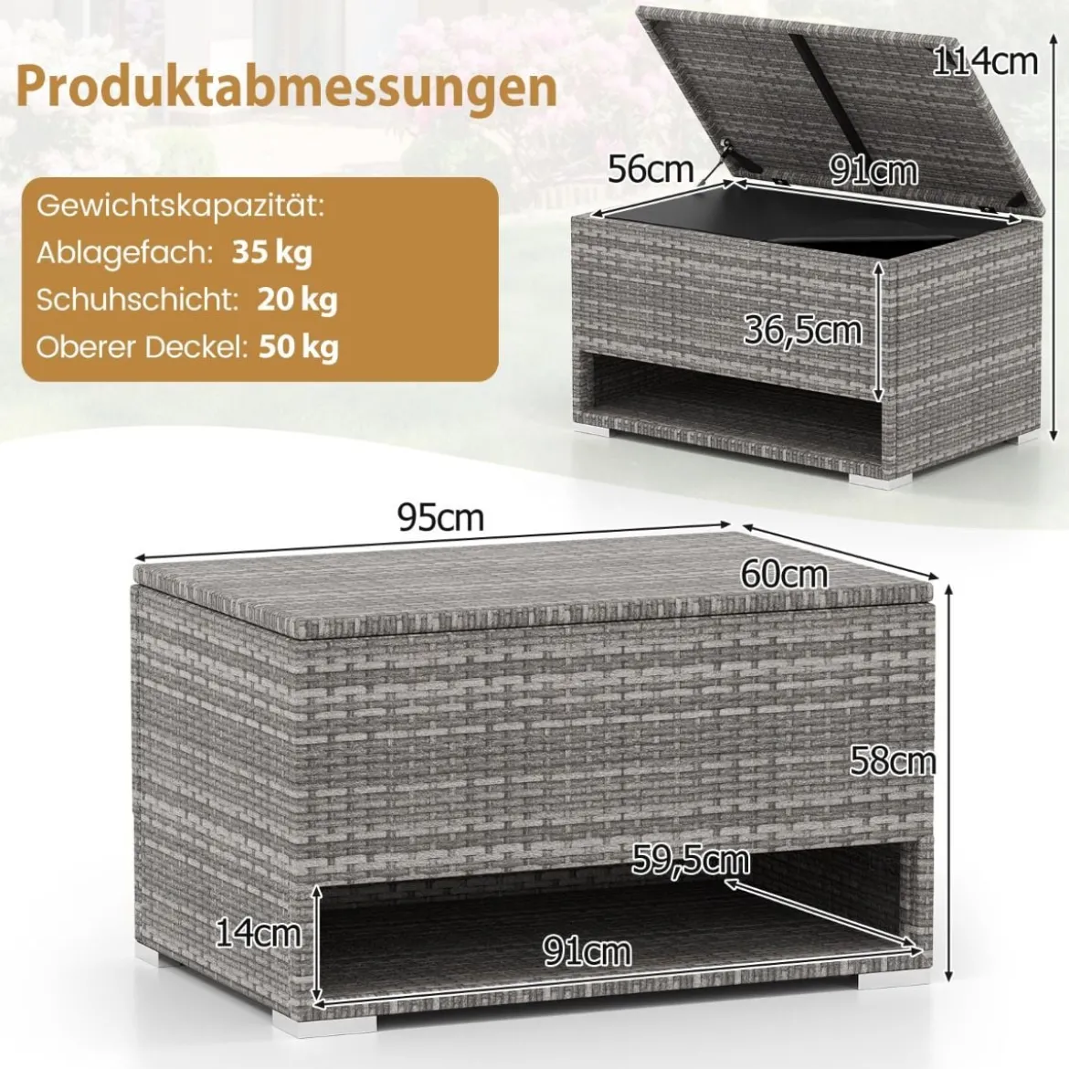 Gartenbox mit Schuhregal Polyrattan Auflagenbox Wetterfest mit Schutzliner & Deckel 186L 95 x 60 x 58 cm Grau