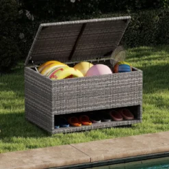 Gartenbox mit Schuhregal Polyrattan Auflagenbox Wetterfest mit Schutzliner & Deckel 186L 95 x 60 x 58 cm Grau