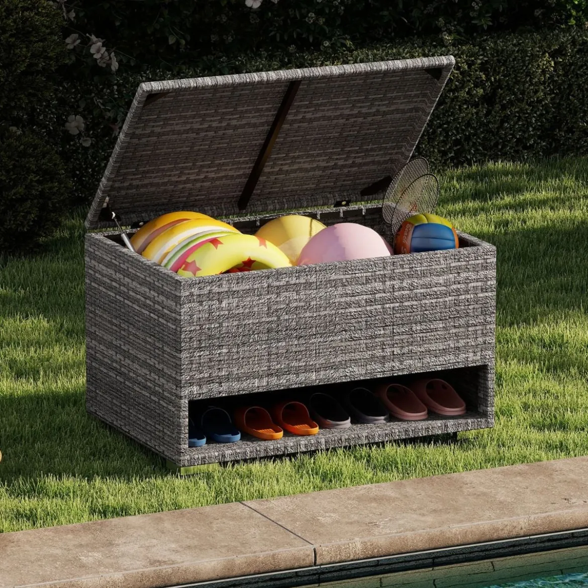 Gartenbox mit Schuhregal Polyrattan Auflagenbox Wetterfest mit Schutzliner & Deckel 186L 95 x 60 x 58 cm Grau