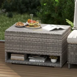 Gartenbox mit Schuhregal Polyrattan Auflagenbox Wetterfest mit Schutzliner & Deckel 186L 95 x 60 x 58 cm Grau