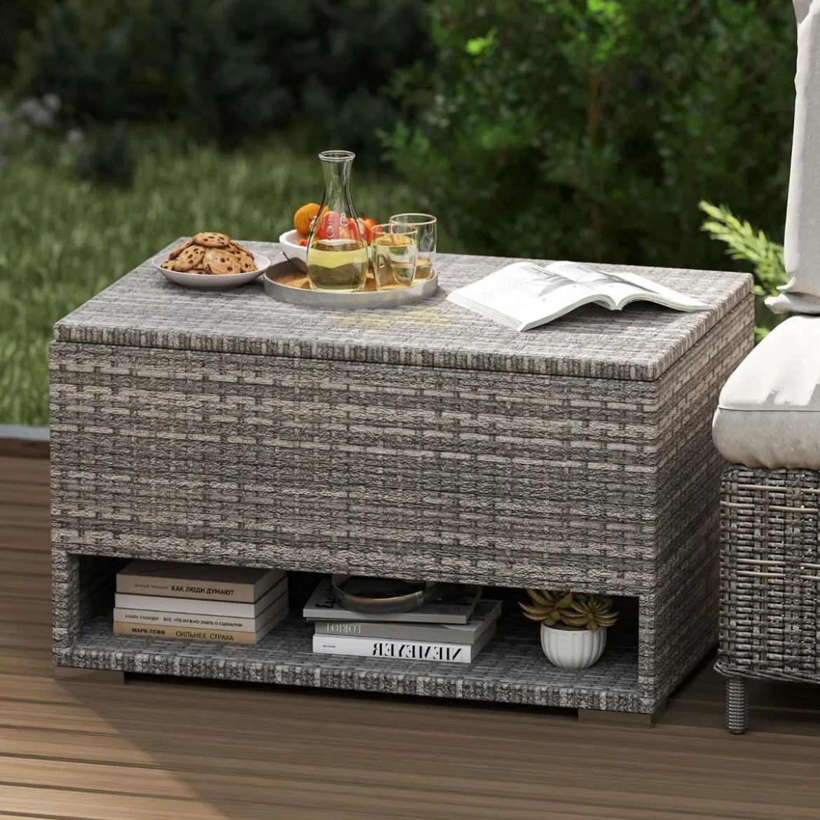 Gartenbox mit Schuhregal Polyrattan Auflagenbox Wetterfest mit Schutzliner & Deckel 186L 95 x 60 x 58 cm Grau