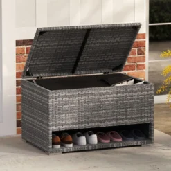 Gartenbox mit Schuhregal Polyrattan Auflagenbox Wetterfest mit Schutzliner & Deckel 186L 95 x 60 x 58 cm Grau